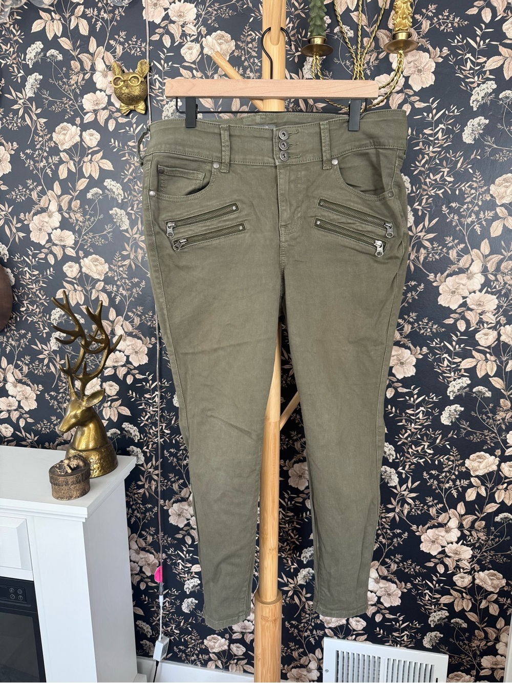 Women’s Olive Green Slim Zip Detail Jeans